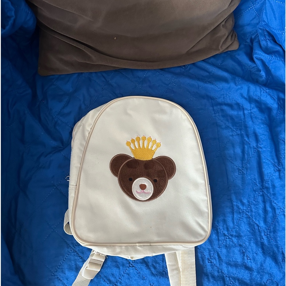 Tan Off White Mini Backpack with Crowned Queen Teddy Bear Detail